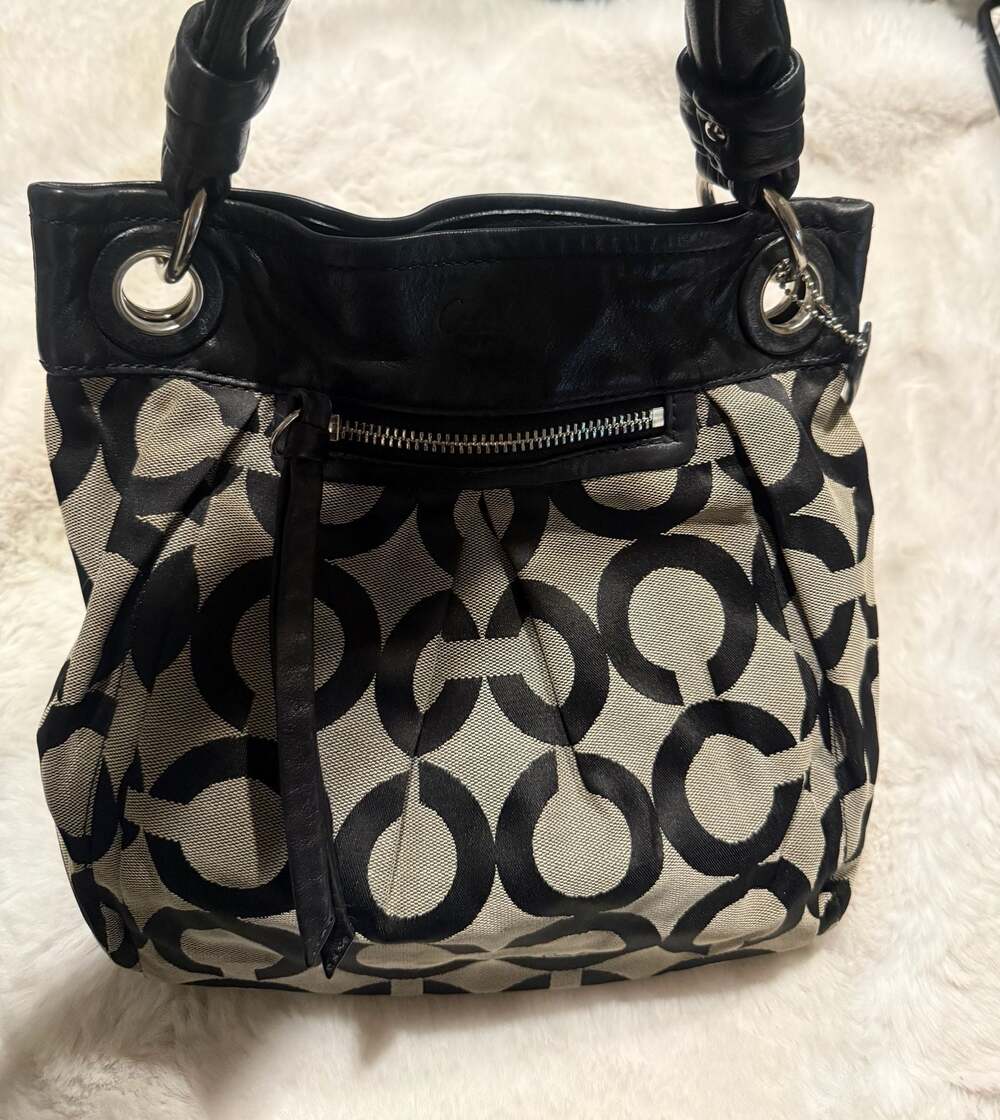 Coach Parker Op Art 13420 Black and Grey Canvas Shoulder Hobo Bag